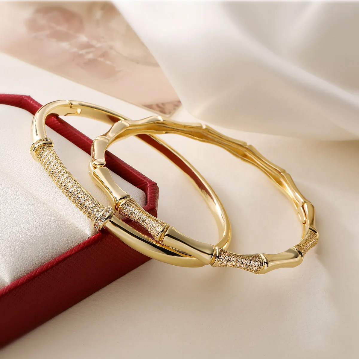 Luxury Copper Bamboo Bangle For Women Gold Plated Rhinestone Inlaid Vintage Open Cuff Bangle Retro Jewelry Gift For Her