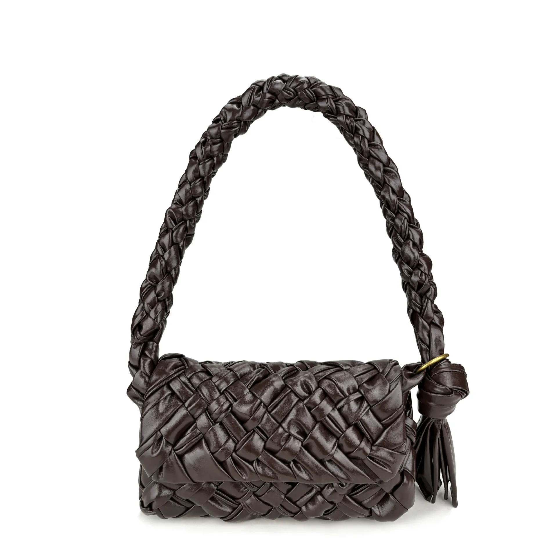 Woven Hobo Bag Oil Wax Cowhide Leather Pleated Knot Tassel Shoulder Handbag Street Style Women