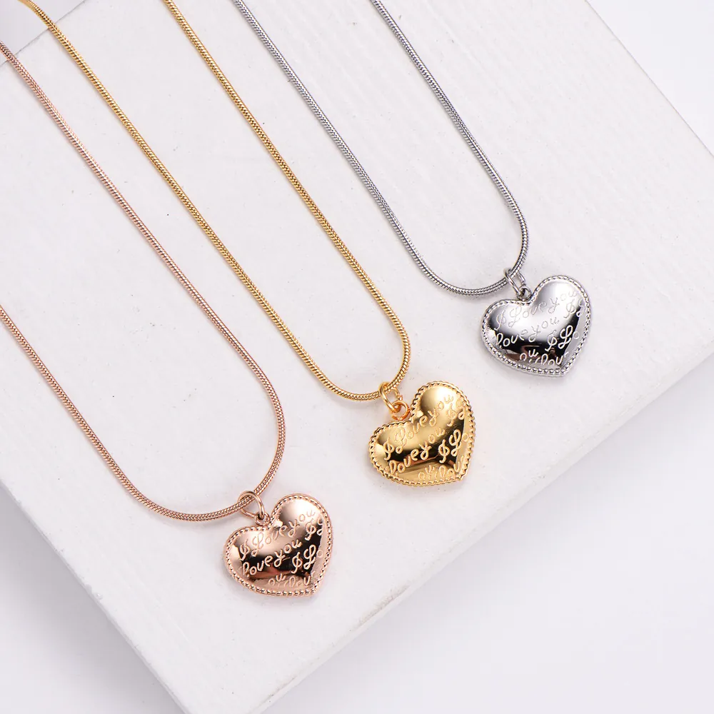 Heart Pendant Necklace 316L Stainless Steel Engraved I Love You Snake Chain Elegant Jewelry For Women Gift