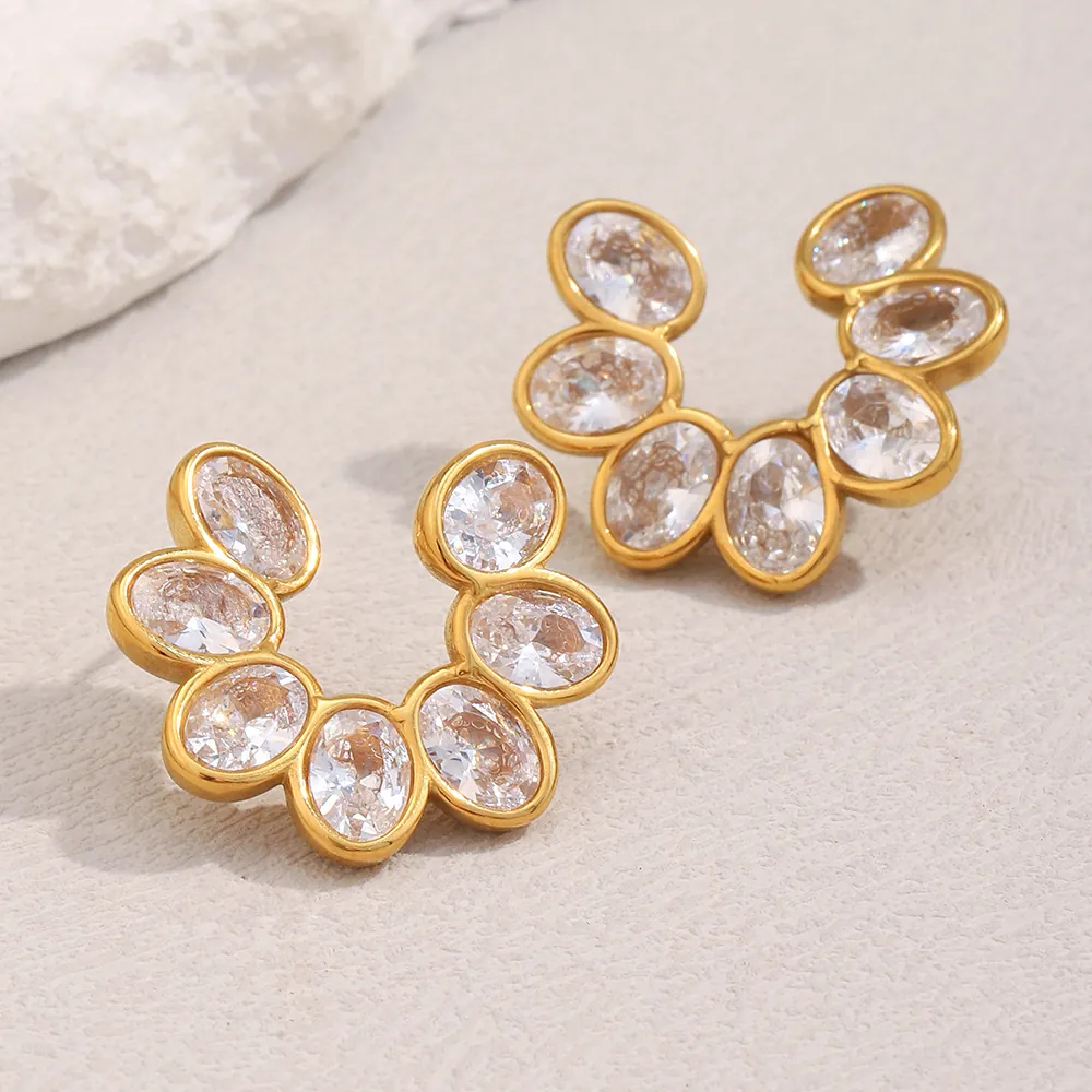 Flower Stud Earrings Stainless Steel 18K Gold Plated Cubic Zirconia Retro INS Style Versatile Fashion Jewelry For Women
