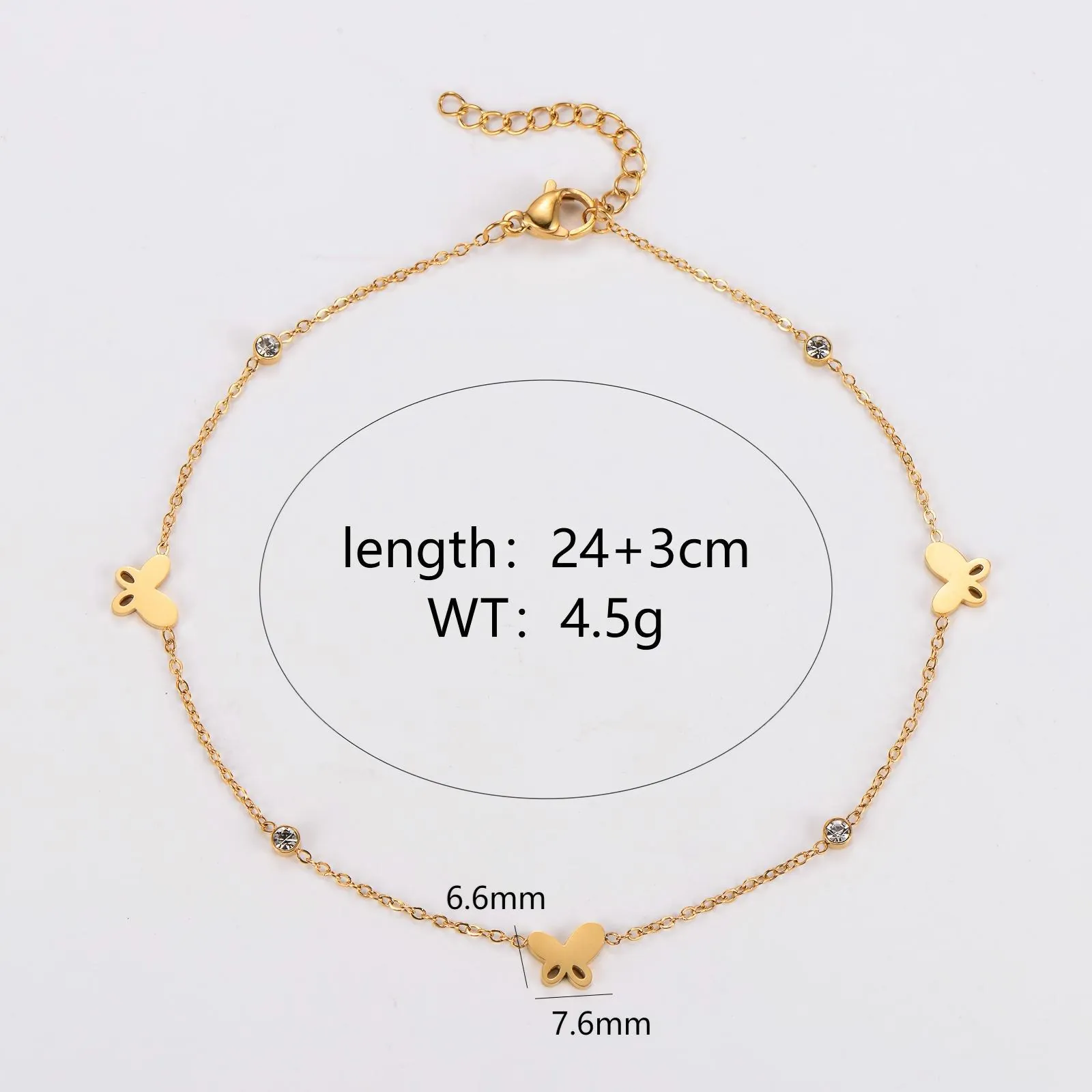 Butterfly Charm Anklet Stainless Steel Rhinestone Minimalist Foot Jewelry For Women Gold Plated Adjustable