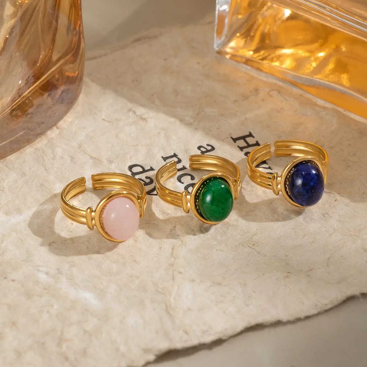 Bague Ouverte En Acier Inoxydable Ovale Pierre Naturelle Réglable Style Rétro Français Bijoux Pour Femmes