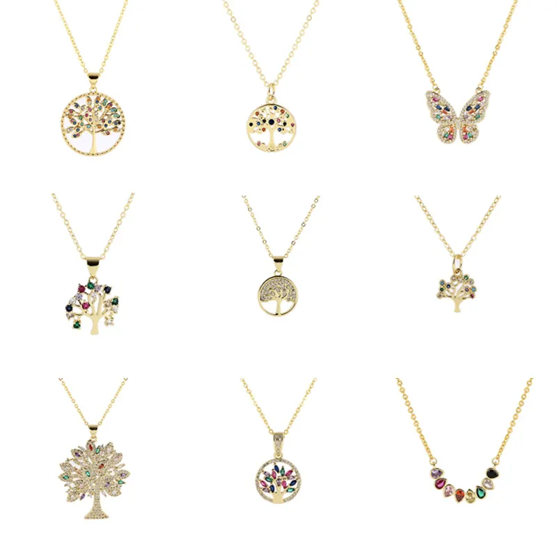 18K Gold Plated Copper Colorful Zircon Tree Of Life Butterfly Heart Pendant Necklace For Women Fashion Clavicle Chain