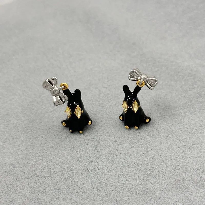 3D Black Enamel Rabbit Monster Stud Earrings With Zircon And 925 Sterling Silver Earring Post Bowknot Animal Jewelry