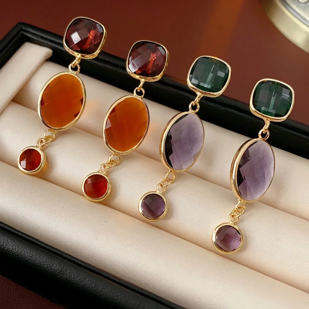 Orecchini Pendenti Lunghi Geometrici Vintage Retrò Quadrati Ovali Rotondi In Lega Vetro Con Perno In Argento Per Donna Lusso