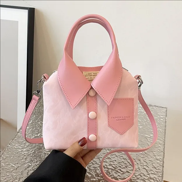 Women Creative Shirt Collar Design Handbag PU Leather Small Square Crossbody Bag With Button Detail Trendy Casual Chic