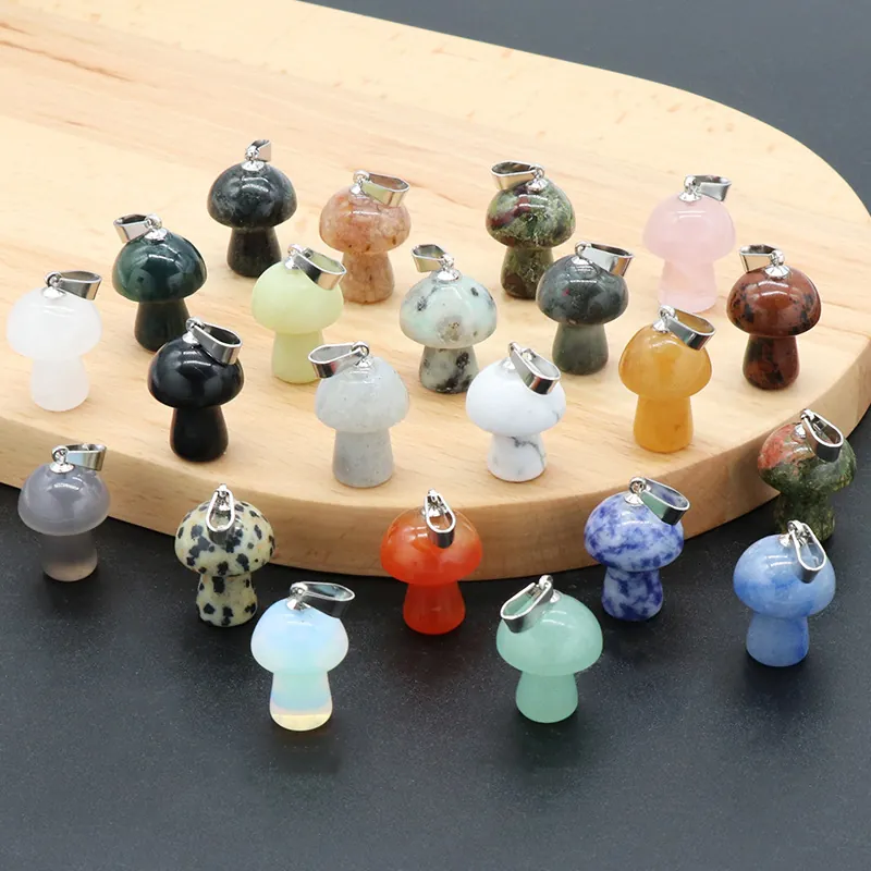 Mini Mushroom Shape Natural Stone Pendant For DIY Jewelry Making Polished Crystal Agate Charm With Metal Clasp For Necklaces Women