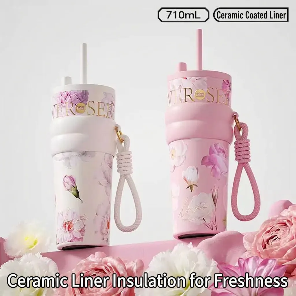 Floral Ceramic Liner Stainless Steel Insulated Tumbler With Straw Portable Strap Large Capacity Vacuum Cup For Women Car Travel