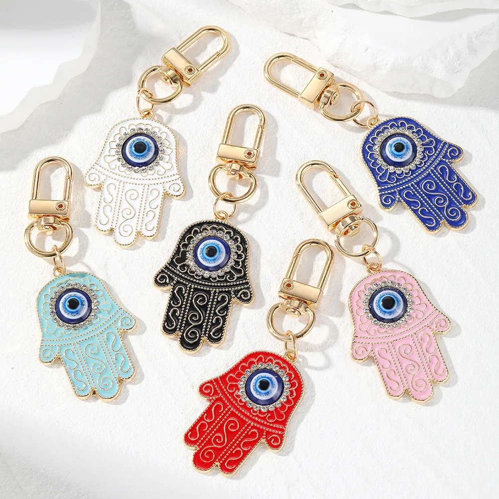 Hamsa Hand Evil Eye Keychain Alloy Enamel Rhinestone Vintage Ethnic Bag Charm Pendant Lucky Amulet Jewelry Gift For Women