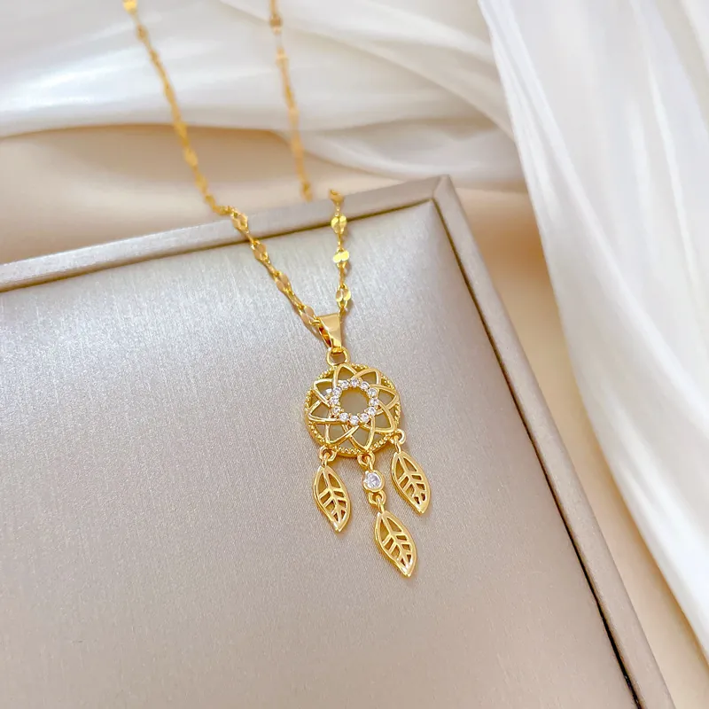 Dream Catcher Pendant Necklace Gold Plated Stainless Steel With Full Rhinestone Leaf Charms Elegant Jewelry For Women