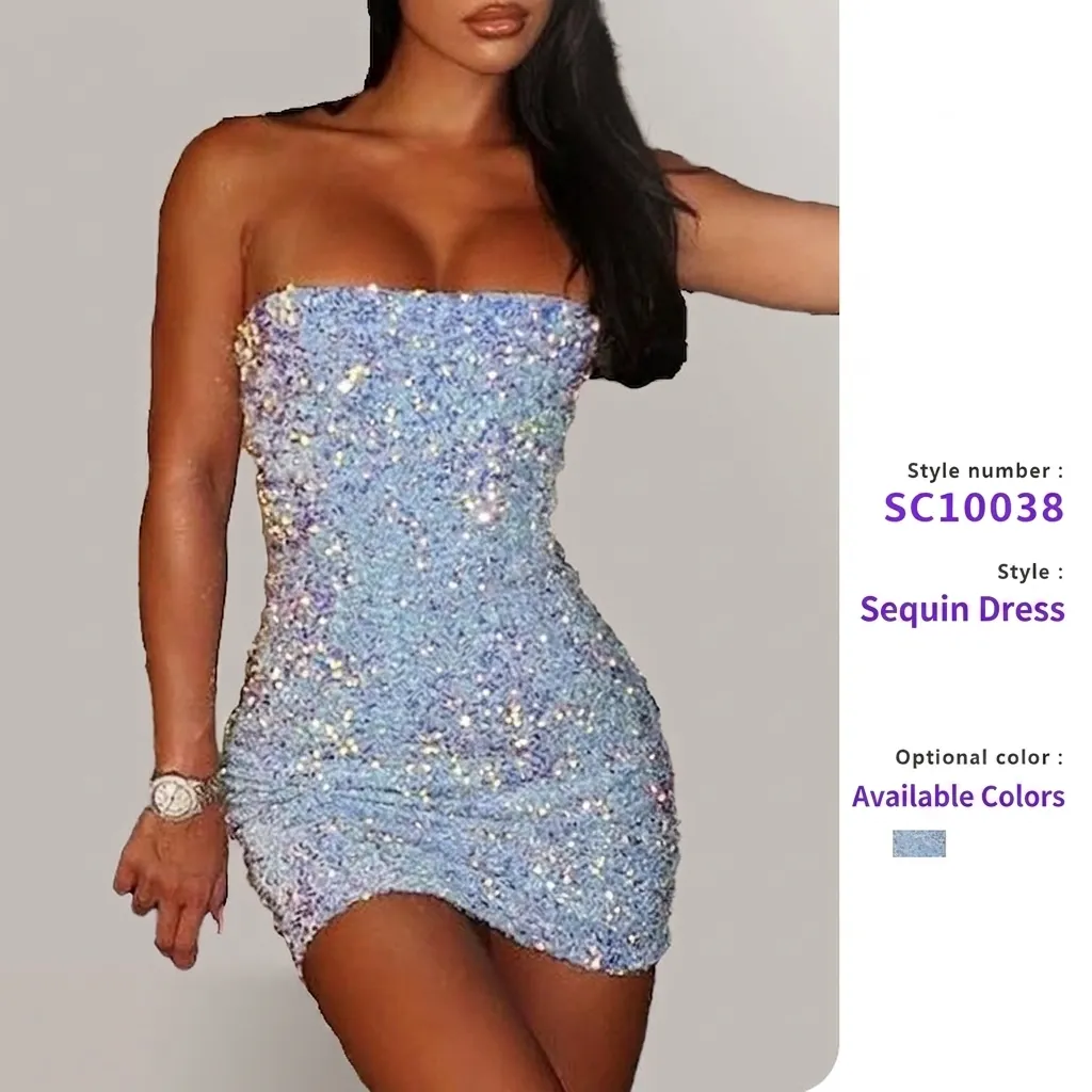 Damen Elegant Himmelblau Pailletten Trägerloses Mini Kleid Sexy Schlank Bodycon Party Clubwear Cocktail Abendkleid Rückenfrei