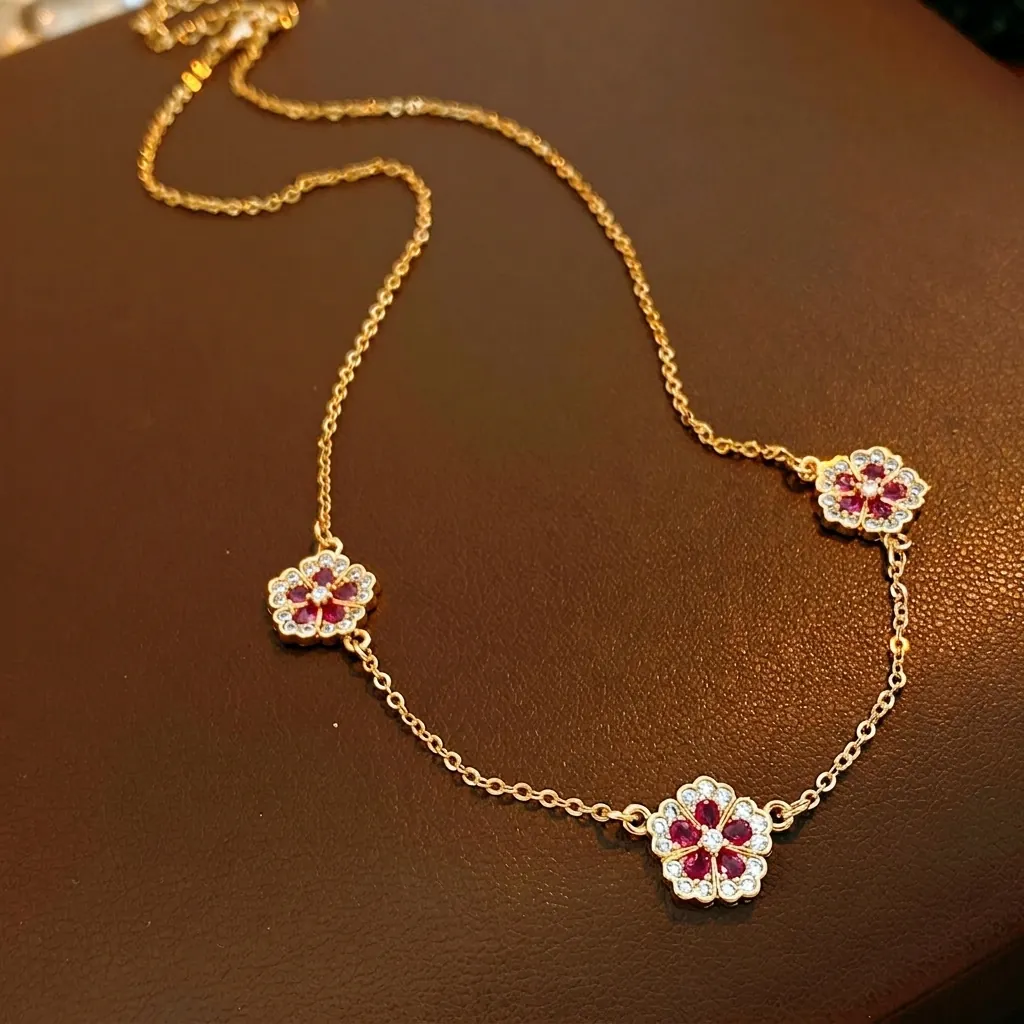 Collana Con Pendente A Fiore Rame Placcato Oro 18K Zirconi Rossi Bianchi Catena A Clavicola Gioielli Eleganti Donna