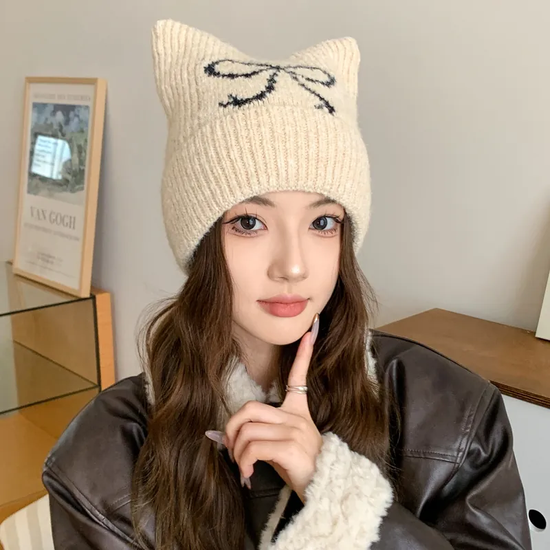 Damen Katzenohr Strickmütze Beanie Mit Schleifenmuster Warm Winter Outdoor Streetwear Süßer Y2K Stil Accessoires