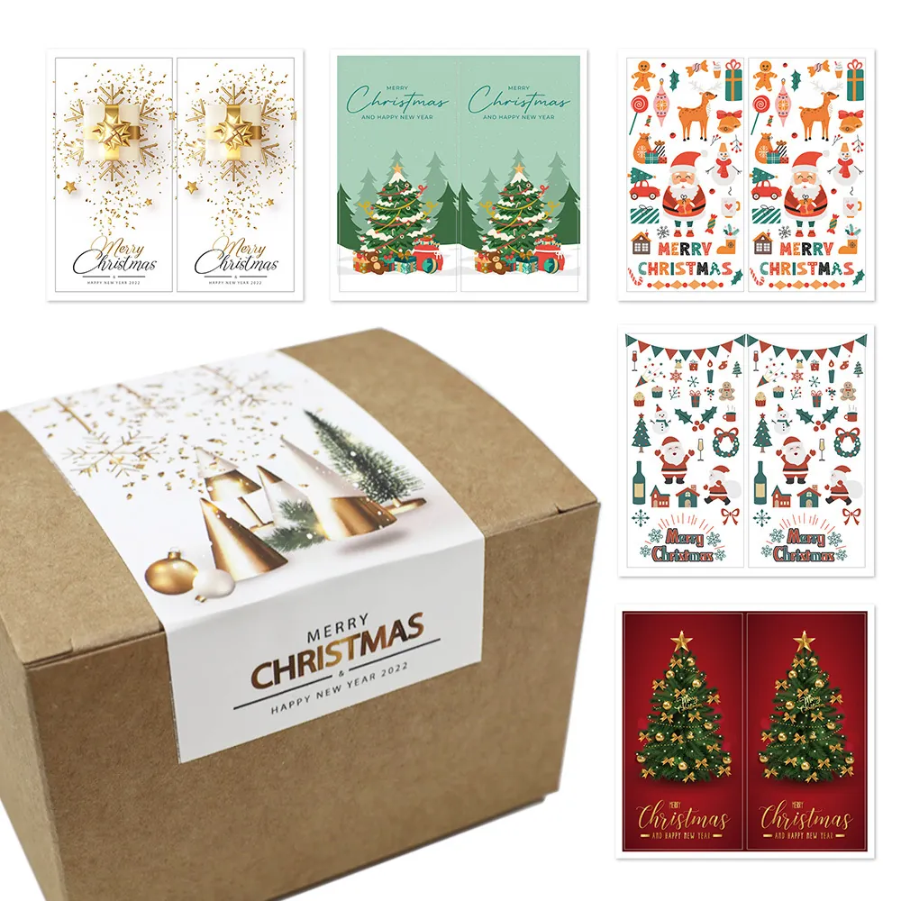 Christmas Rectangle Gift Box Sealing Stickers Merry Christmas Happy New Year Adhesive Labels For Holiday Decoration