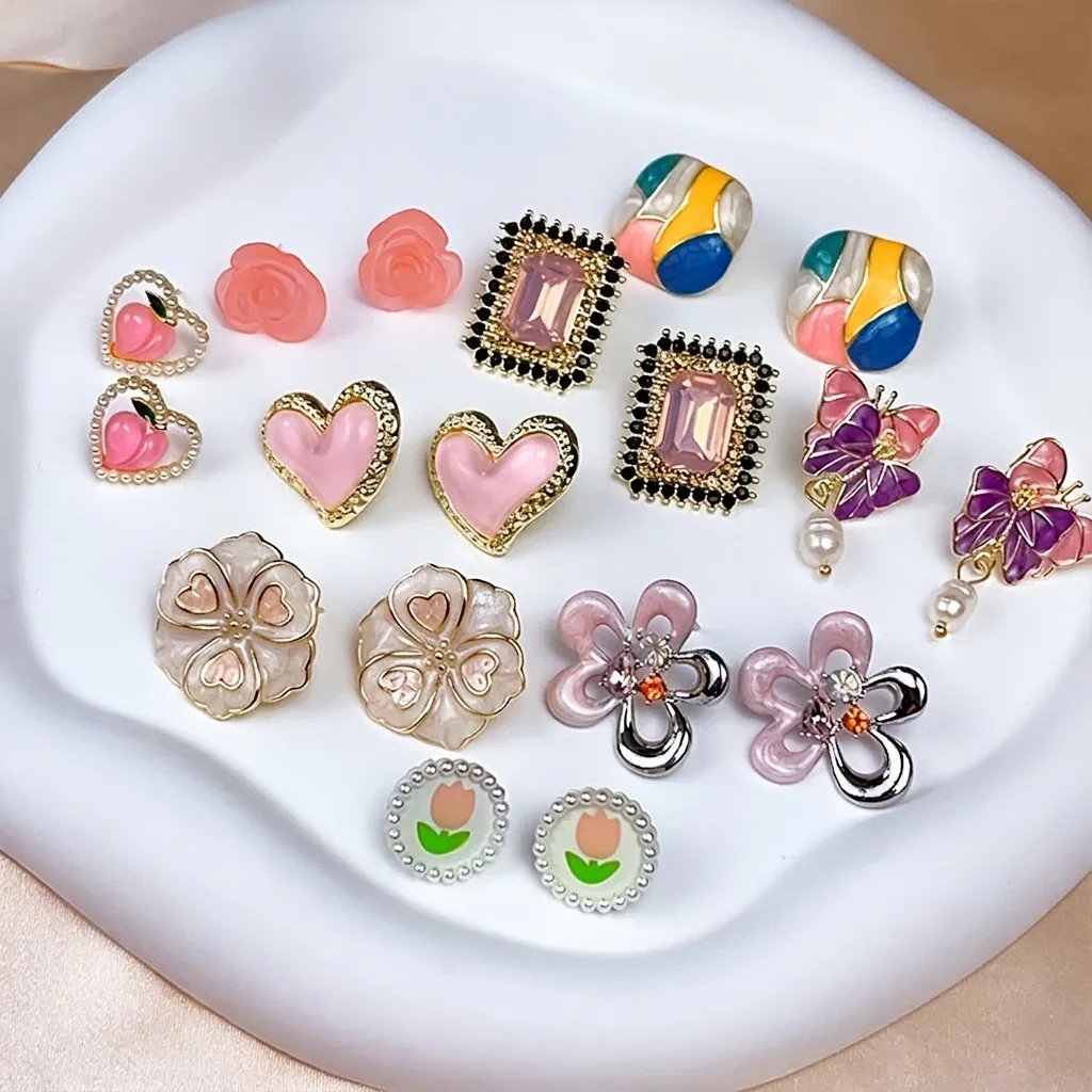 Pink Heart Flower Stud Earrings For Women With 925 Sterling Silver Earring Post Enamel Tulip Peach Butterfly Sweet