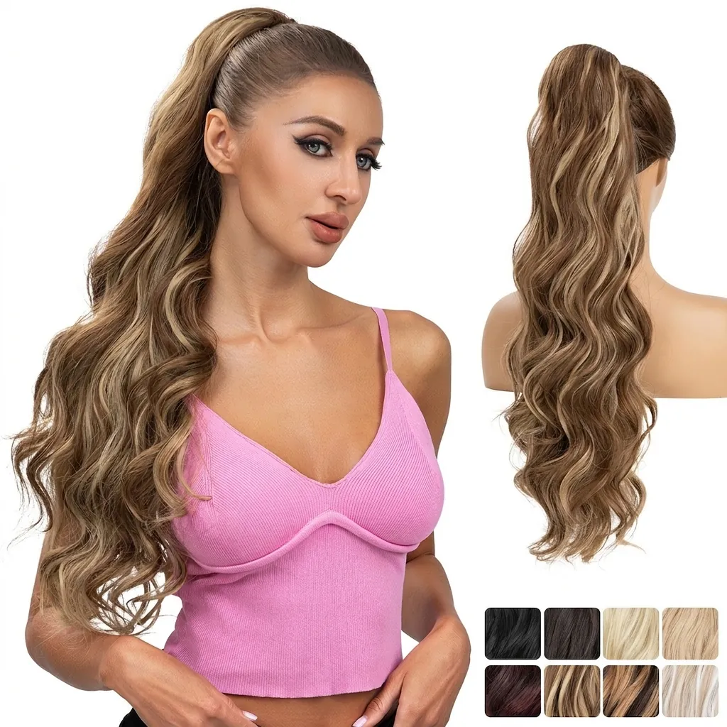 Long Wavy Ponytail Extension Synthetic High Temperature Fiber Drawstring Clip In Hairpiece For Women Natural Wavy Style