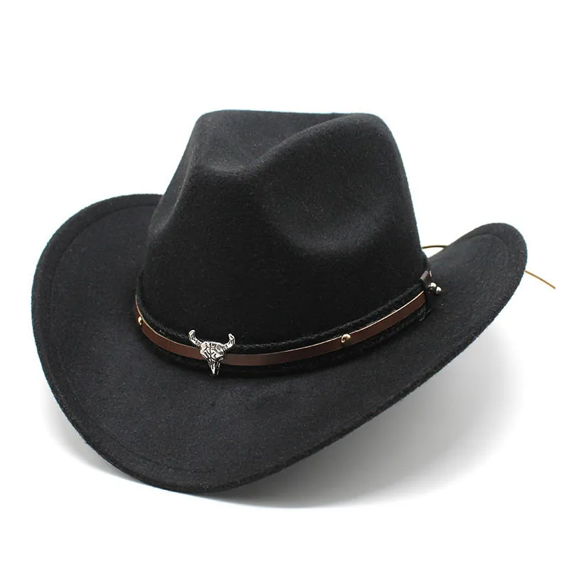 Western Cowboy Hat Wide Brim Felt Fedora With Bull Skull Metal Decor And Leather Band For Men Women Retro Style