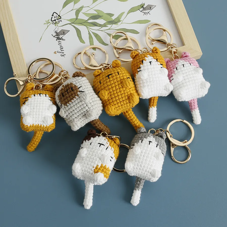 Handmade Crochet Cat Keychain Soft Yarn Wool 3D Animal Bag Pendant Cartoon Cute Kitten Keyring Car Accessories Gift