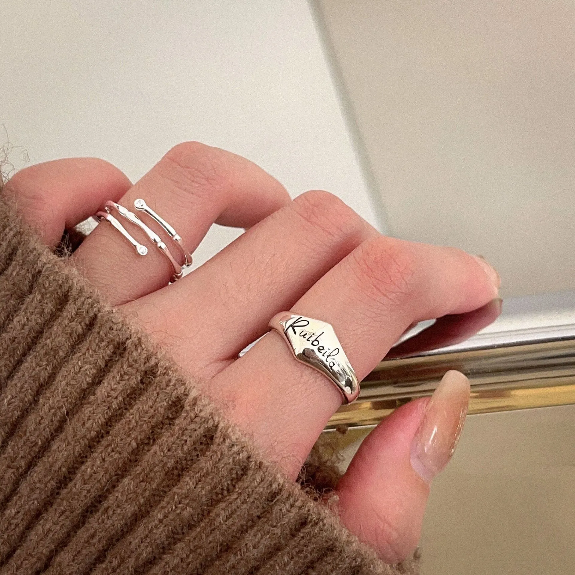 925 Sterling Silver Ring Minimalist Irregular Bamboo Joint Letter Engraved Adjustable Open Finger Band Jewelry For Women