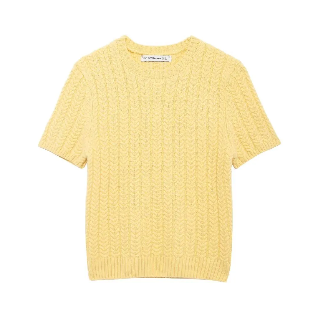 Maglione da Donna Casual a Maniche Corte con Trecce Girocollo Vestibilità Aderente Tinta Unita Pullover Giallo