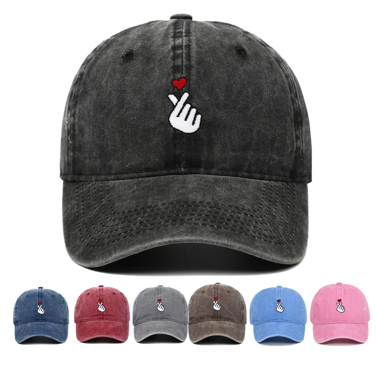 Baseball Cap Finger Heart Embroidery Washed Cotton Distressed Vintage Outdoor Sun Hat Adjustable Unisex
