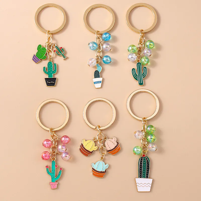 Cute Cactus Keychain Metal Enamel Potted Plant Bag Charm For Women Girl Sweet Rural Style Colorful Beaded Key Ring