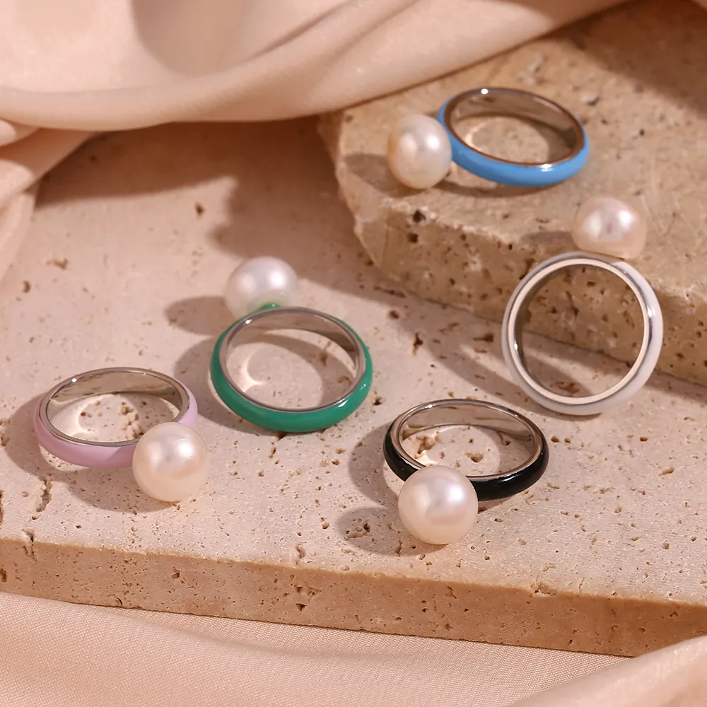 Minimalist Stainless Steel Enamel Artificial Pearl Ring Colorful Geometric Jewelry For Women Fashion Commuting Accessory