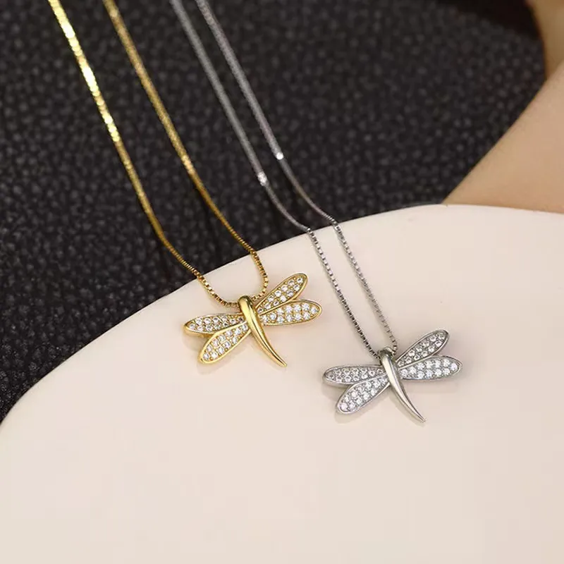 Collana Con Ciondolo A Libellula Rame Micro Pave Zircone Elegante Catena Box Clavicola Gioielli Per Donna