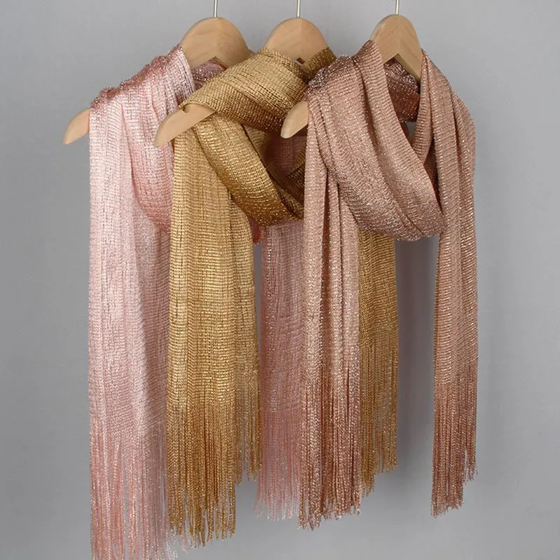 Metallic Glitter Scarf Women Shiny Tassel Shawl Wrap Polyester Evening Party Accessories Elegant Lightweight