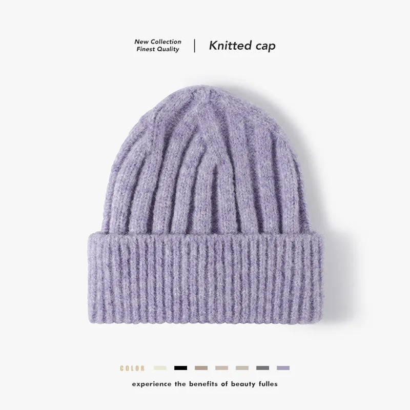Unisex Winter Warm Thickened Wool Knitted Beanie Hat Ribbed Cuffed Design Outdoor Casual Ear Protection Skull Cap