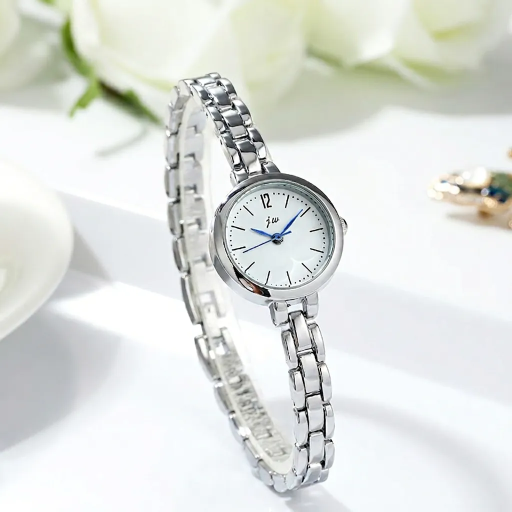 Women Quartz Watch Minimalist Bracelet Wristwatch Round Dial Alloy Strap Stainless Steel Back Fashion Elegant Blue Hands