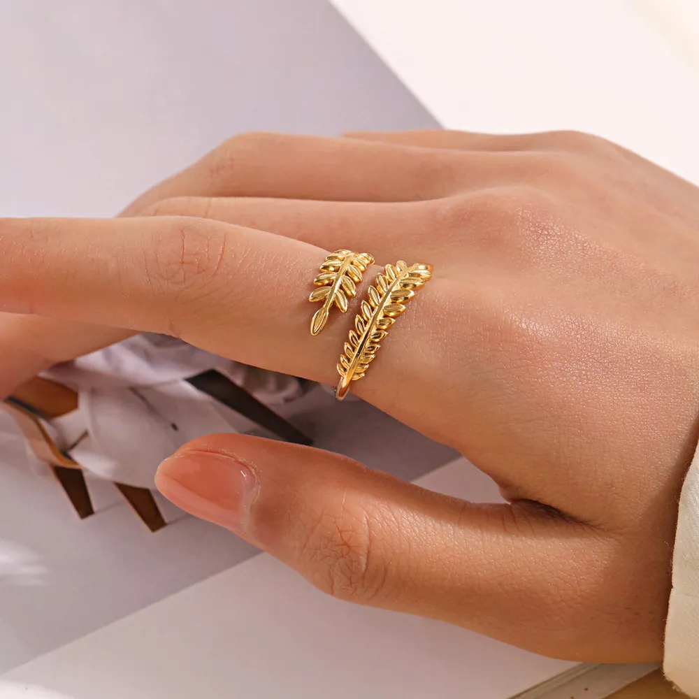 Bague Ajustable Branche De Feuille D'olivier Acier Inoxydable Plaqué Or Bijoux De Mode Pour Femmes