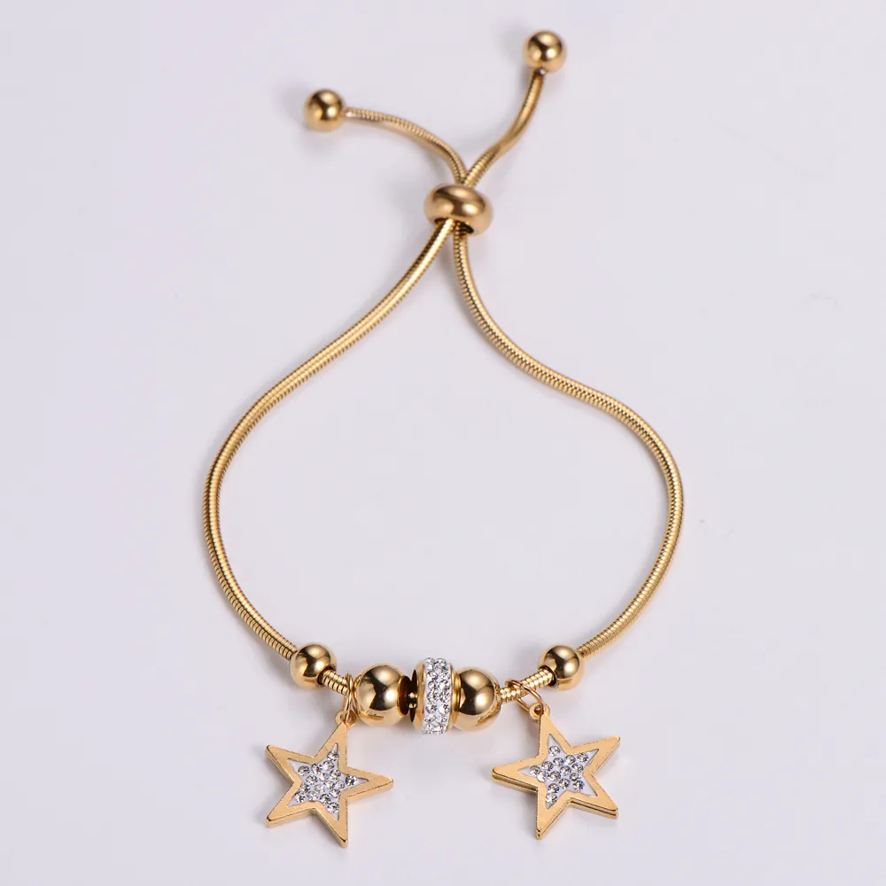 Star Charm Bracelet Stainless Steel Rhinestone Adjustable Snake Chain Elegant Jewelry For Women Gold Silver Tone