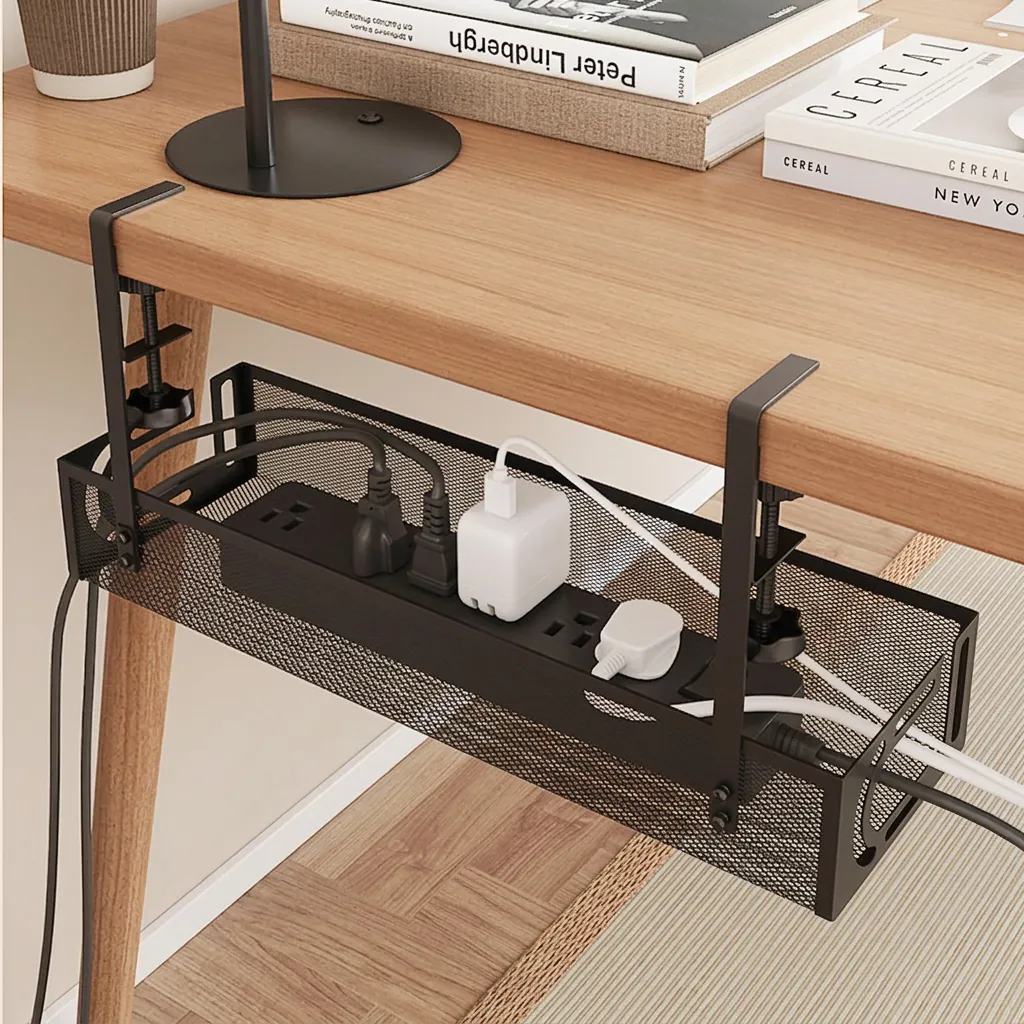 Under Desk Cable Management Tray Carbon Steel Wire Mesh Clamp On No Drill Power Strip Holder Organizer For Home Office