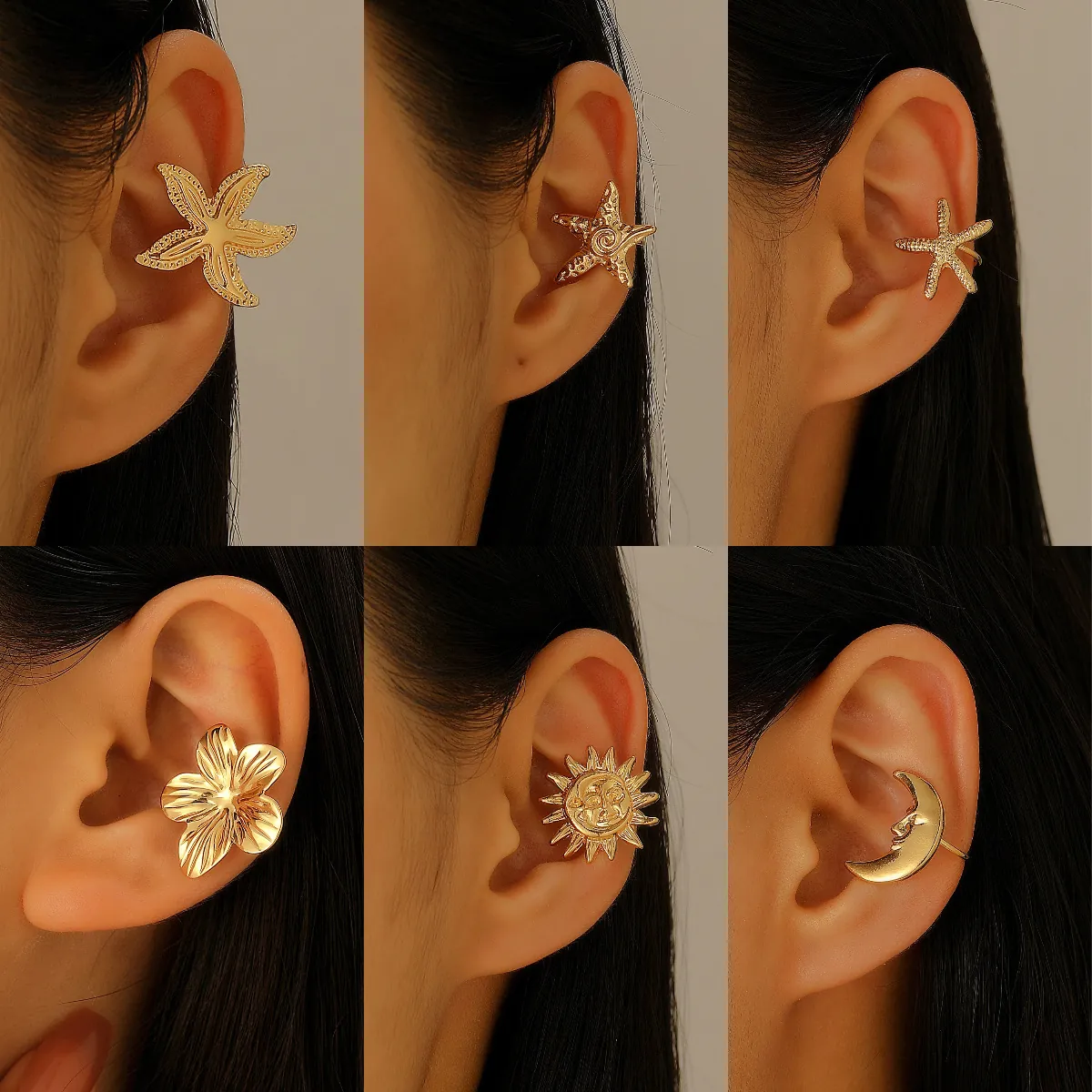 Bohemian Alloy Sea Star Sun Moon Flower Ear Cuffs No Piercing Vintage Earrings Jewelry For Women