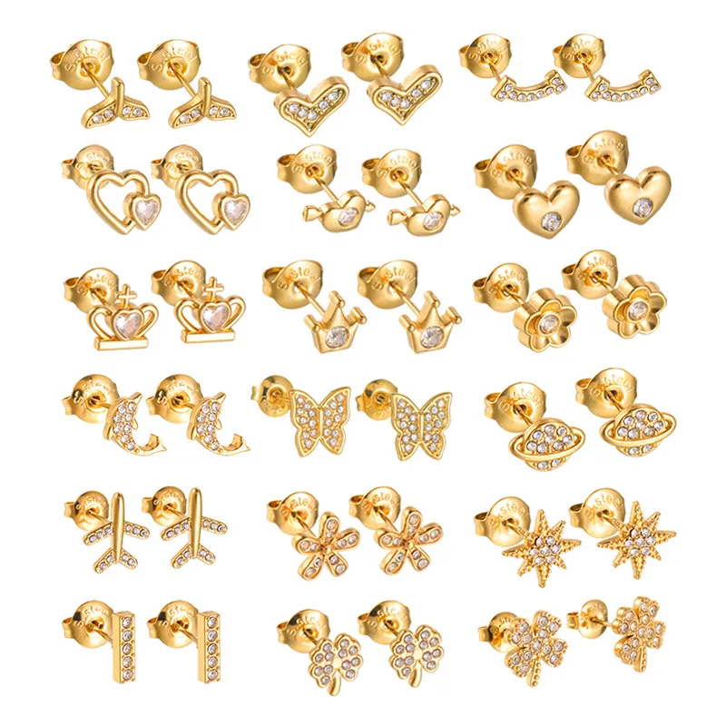 Stainless Steel Stud Earrings With Rhinestone Minimalist Heart Star Butterfly Geometric Shapes Jewelry For Women