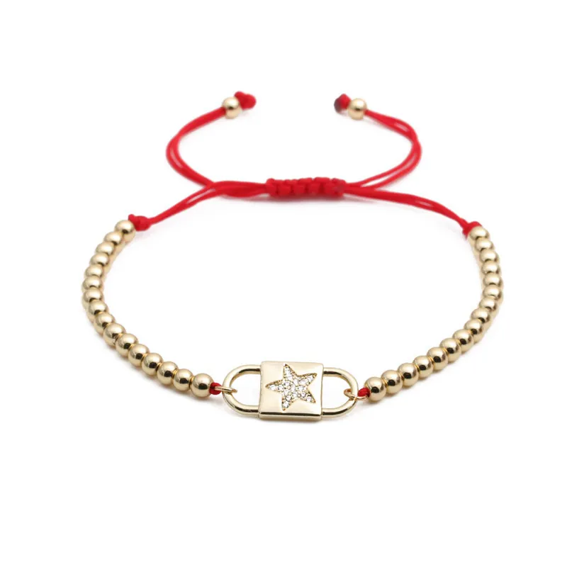 Verstellbares Armband Kupfer Goldperlen Mikro Eingelegter Zirkonia Stern Rot Geflochtenes Seil Handgewebt Für Damen