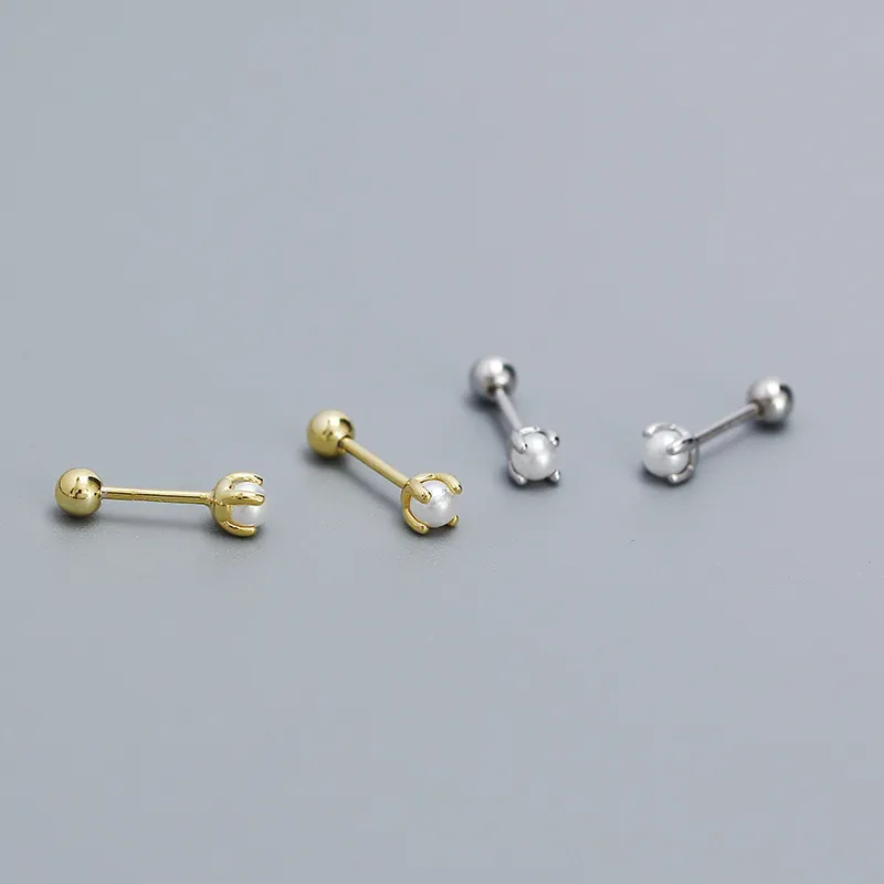 Artificial Pearl Stud Earrings With 925 Sterling Silver Earring Post Elegant Screw Ball Back Prong Setting Geometric For Women