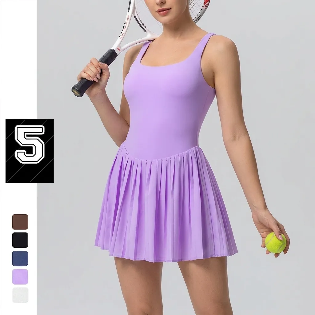 Women Pleated Tennis Dress Racerback Sport Dress With Built-in Shorts Side Pockets Nylon Spandex Activewear Mini Dress