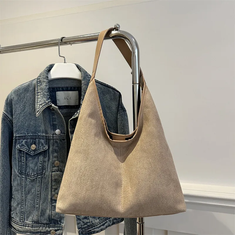 Retro Faux Suede Large Capacity Tote Bag Minimalist Vintage Underarm Shoulder Bag For Women Daily Casual Handbag
