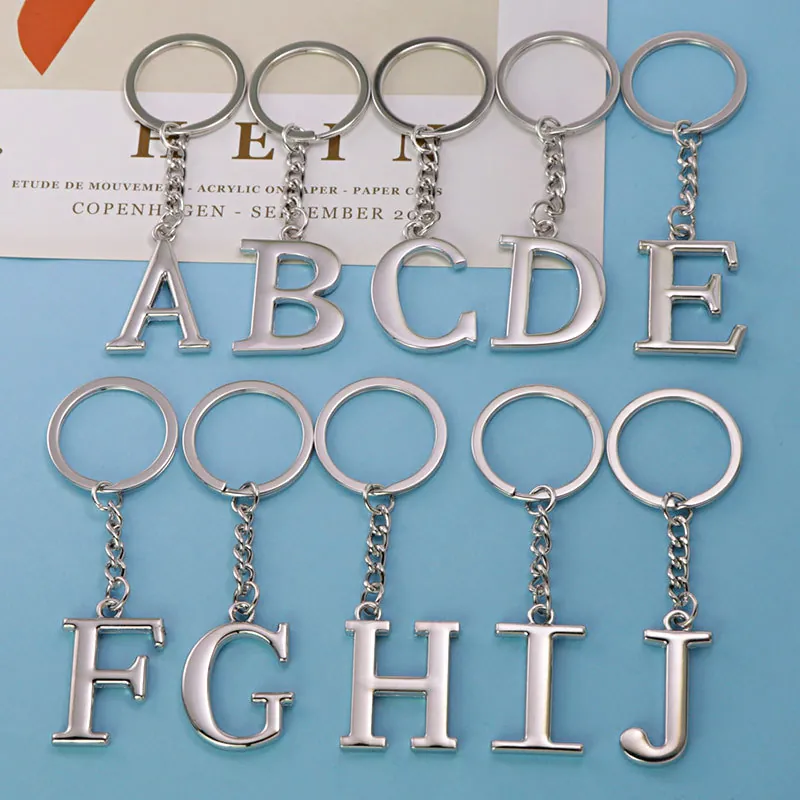 Alphabet Letter Keychain Zinc Alloy Polished Silver Capital Initial Pendant Bag Charms Car Key Ring Holder Accessory