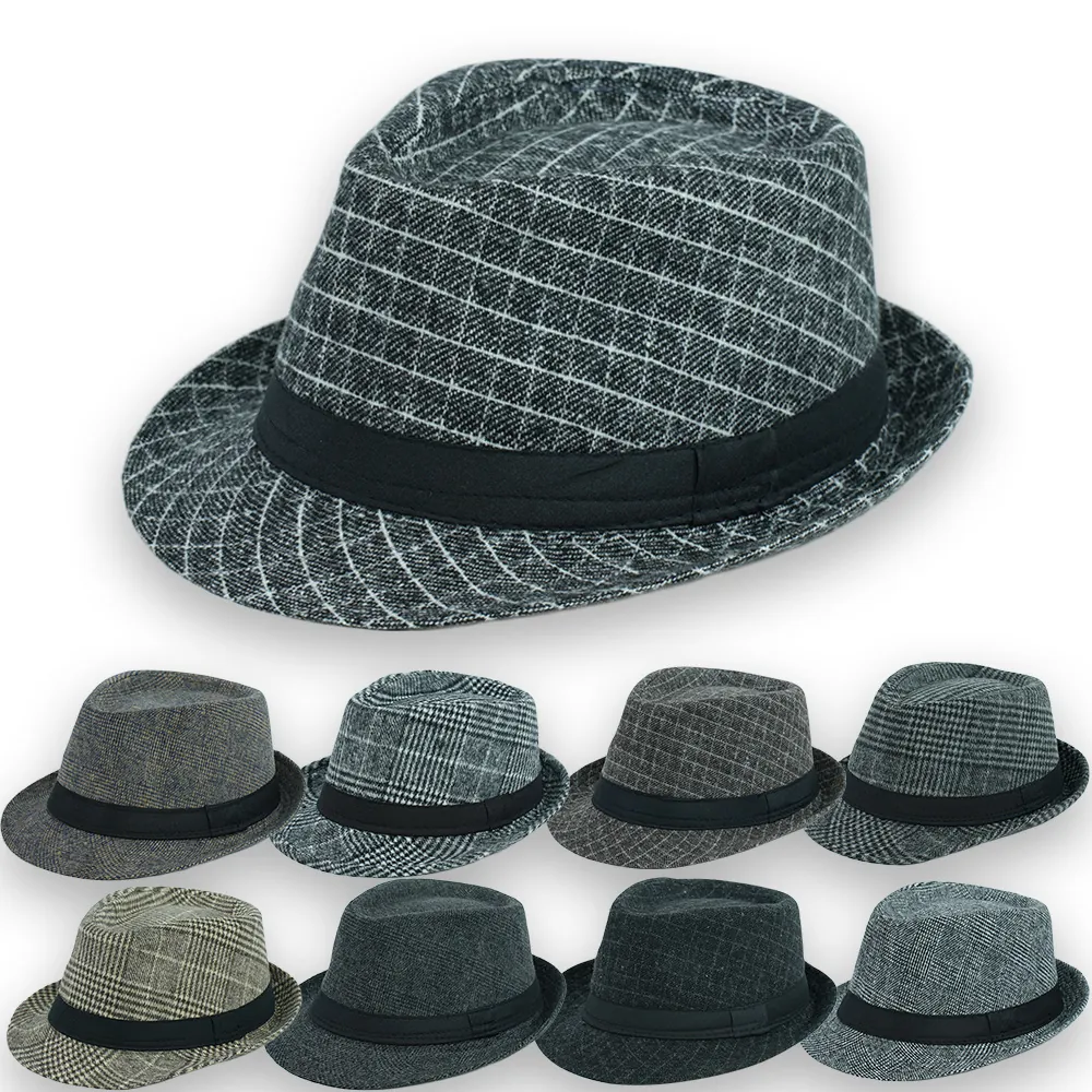 Cappello Fedora Uomo Vintage a Quadri in Poliestere Jazz Cap Invernale Caldo Protezione Solare Con Nastro Stile Gentleman