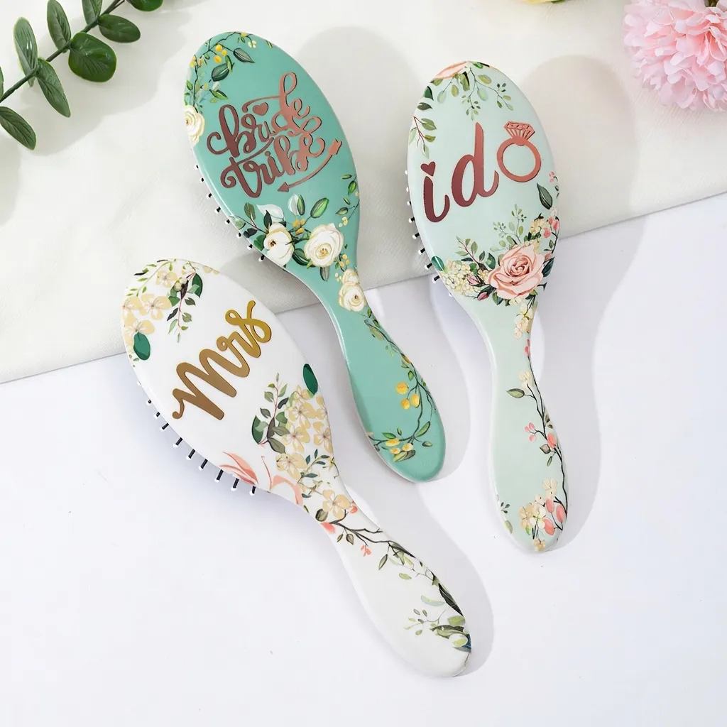 Cepillo De Pelo Con Cojín De Aire Estampado Floral Masaje De Cuero Cabelludo Peine Desenredante Regalo De Boda Elegante Para Novia Mrs