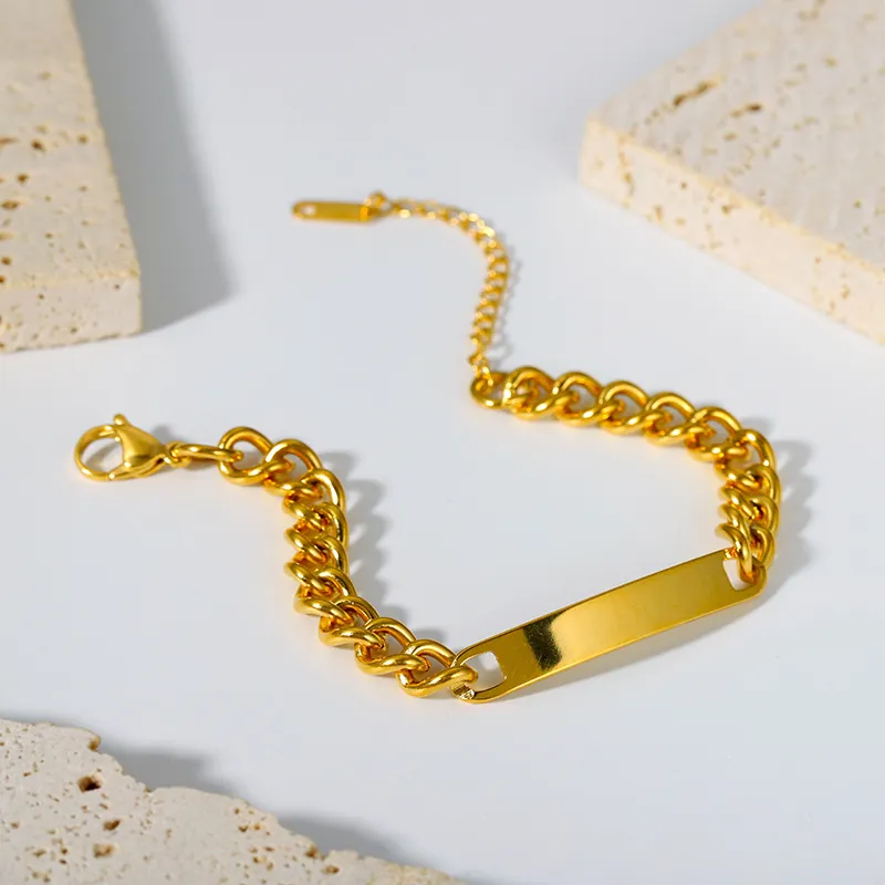 Bracelet Gourmette ID En Acier Inoxydable Plaque Rectangulaire Polie Plaqué Or Bijoux Hip Hop Pour Hommes Femmes