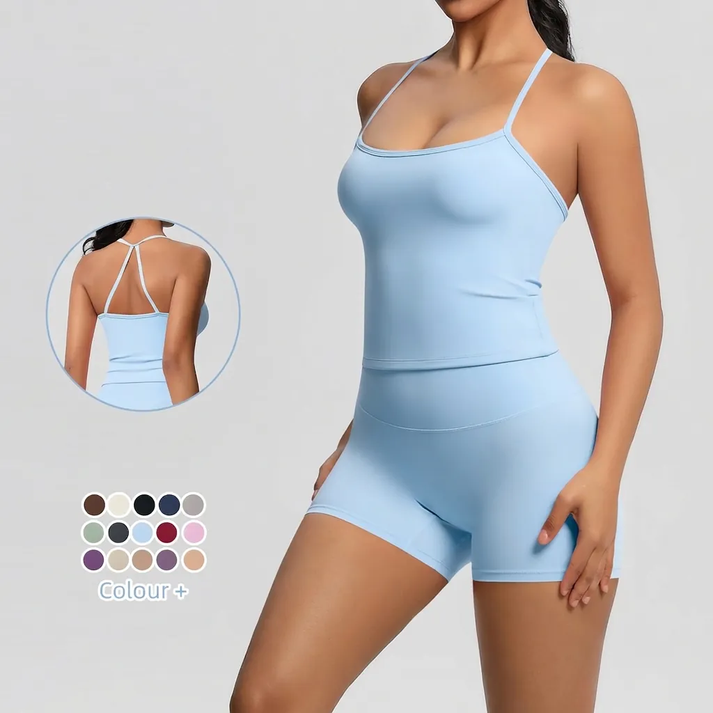 Women's Brushed Backless Yoga Set Quick Dry Slim Fit Sports Vest and High Waist Shorts Activewear Matching Set