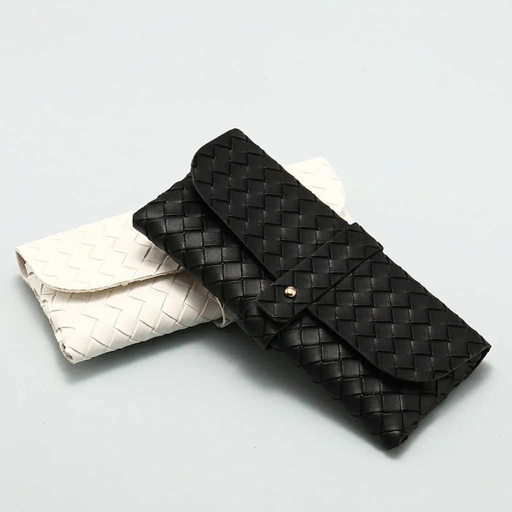 Étui À Lunettes De Soleil En Cuir Tissé Pochette À Lunettes Mince Sac De Rangement En PU Souple Avec Bouton Pression
