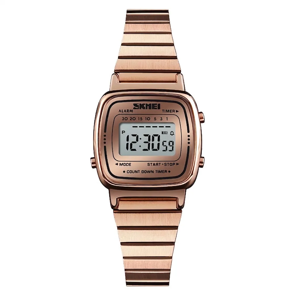 SKMEI Women Digital Watch Retro Square Stainless Steel Band Zinc Alloy Case Waterproof Alarm Timer Fashion Ladies Wristwatch