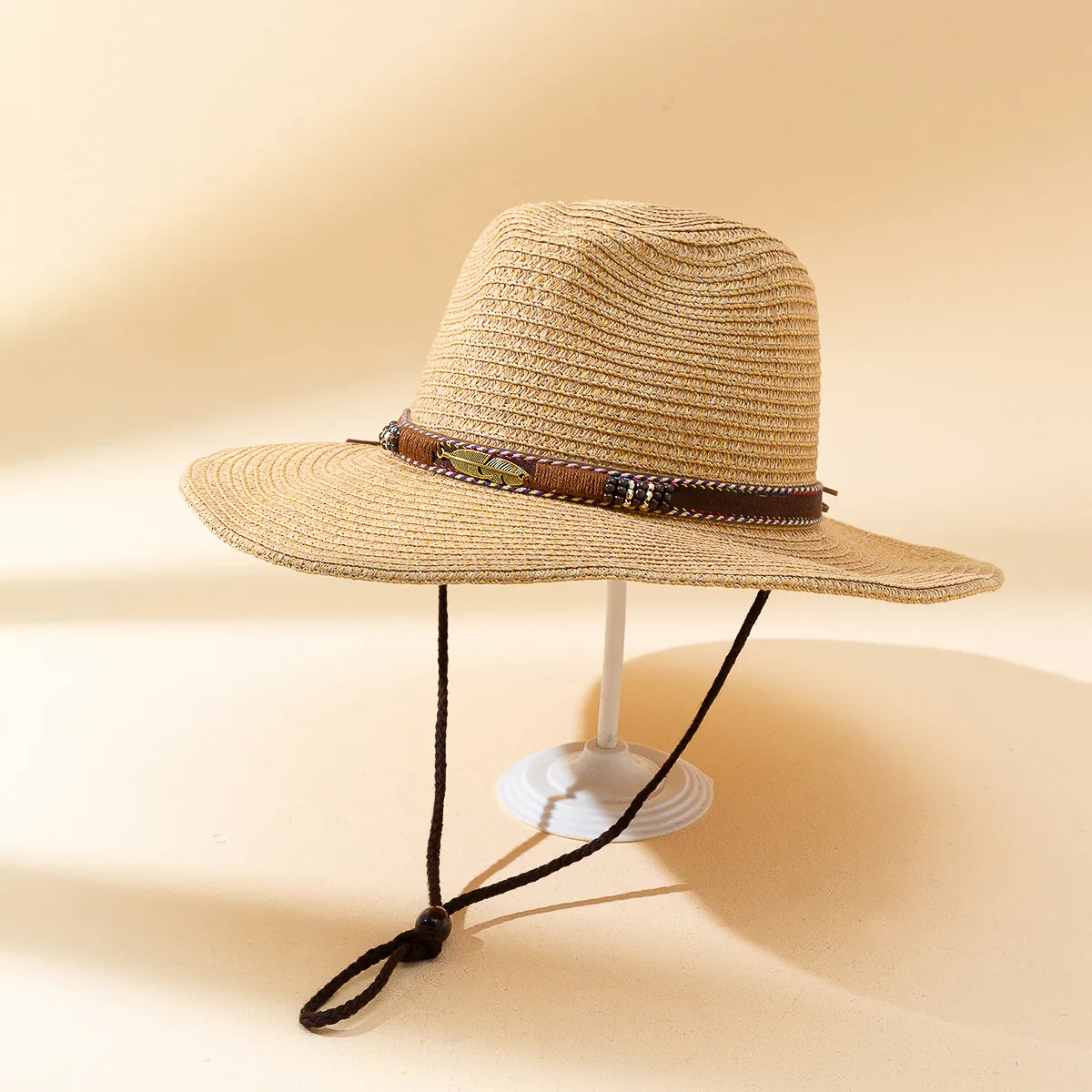 Chapeau De Paille Cowboy Western Vintage Avec Pendentif Plume Métal Perles Ethniques Large Bord Protection Solaire