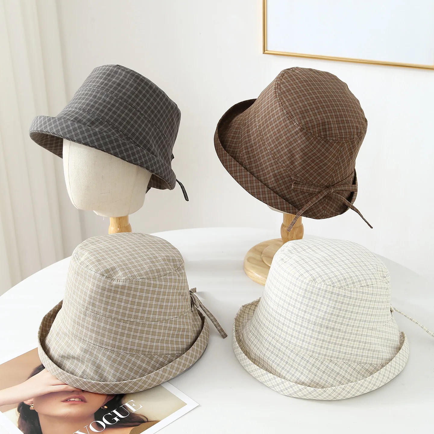 Bucket Hat Women Summer Plaid Pattern Wide Brim Sun Protection Polyester Foldable Bow Decoration Japanese Style Casual