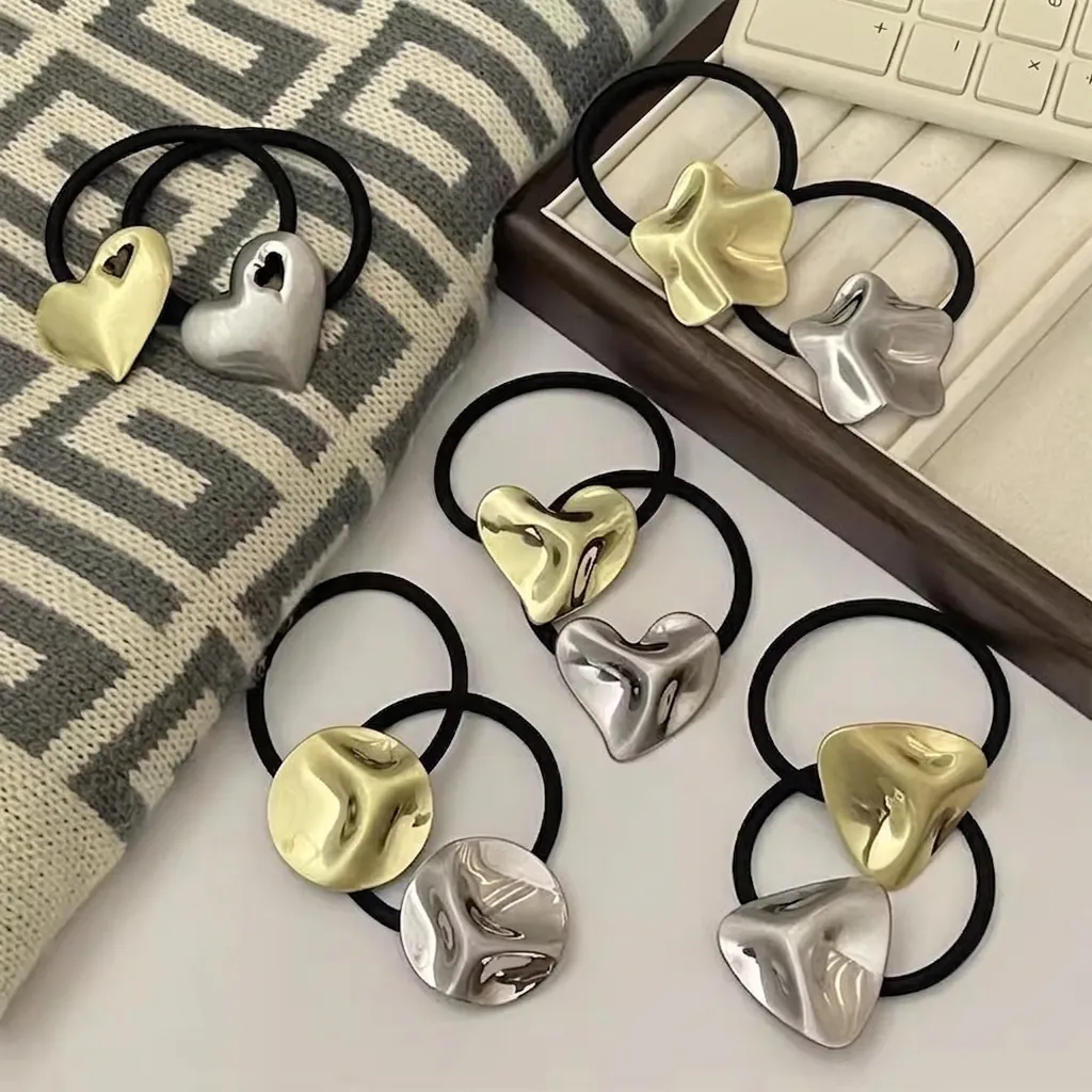 Elastic Hair Ties Minimalist Alloy Geometric Heart Star Round Triangle Retro Metal Hair Ropes For Women Ponytail Holder